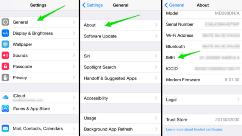 kiểm tra imei bằng cài đặt